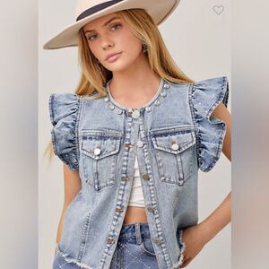 800. RHINESTONE DENIM VEST RUFFLE SLEEVE